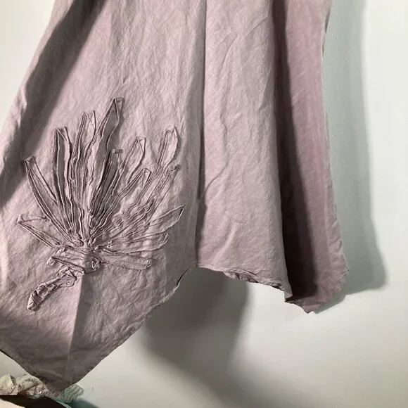 Womens Kleen Flaxseed Linen Asymmetrical Top Applique Flower L Brown NWT - Picture 4 of 10